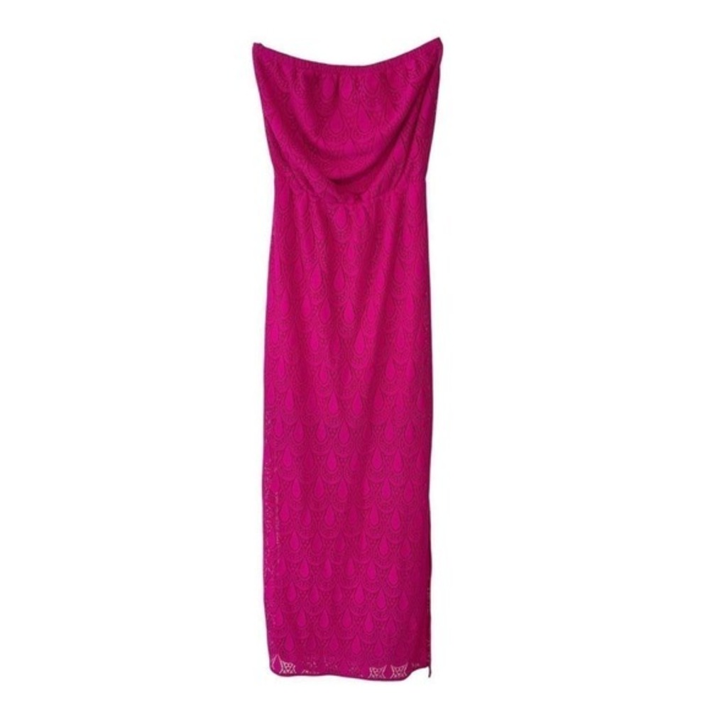 Lilly Pulitzer Pink Teardrop Lace Strapless Blouson Maxi Dress Side Slit Medium